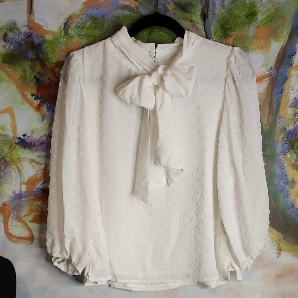 White Lantern Sleeve Blouse with Tie Front and Mandarin Collar